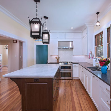 Transitional White Kitchen with Cherry Island