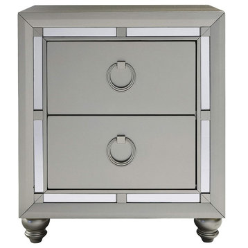 Contemporary Nightstand, Mirrored Design With 2 Drawers & Ring Shaped Pulls