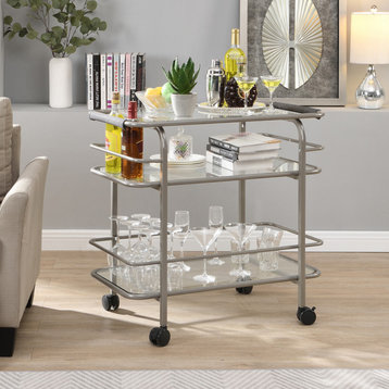 Home Bar Serving Cart With Tempered Glass and Handle, Silver, 30"