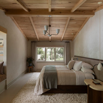 Antique Elm Ceiling Beams and Paneling in Wabi-Sabi Lakeside Bedroom