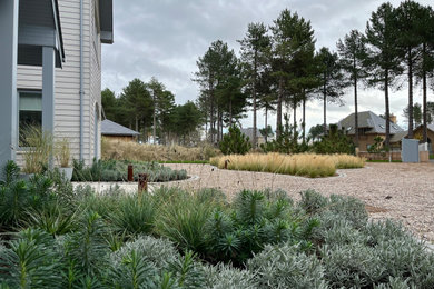 Пример оригинального дизайна: большой солнечный засухоустойчивый сад в морском стиле с хорошей освещенностью, покрытием из каменной брусчатки и с деревянным забором