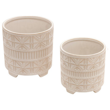 2-Piece Set Ceramic Abstract Footed Planter, White