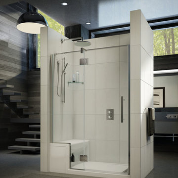 Acrylic base with a storage unit and a clean contemporary frameless door system