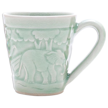 NOVICA Elephant Forest And Celadon Ceramic Mug