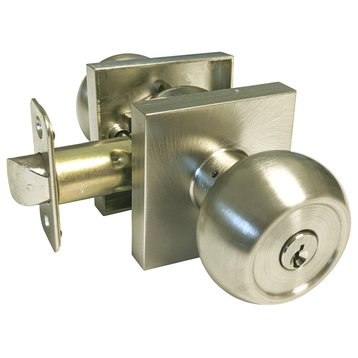 Square Plate Round Knob Contemporary Door Handle, Satin Nickel, Entrance