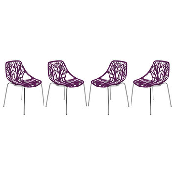 LeisureMod Modern Asbury Dining Side Chair With Chromed Legs in Purple Set of 4