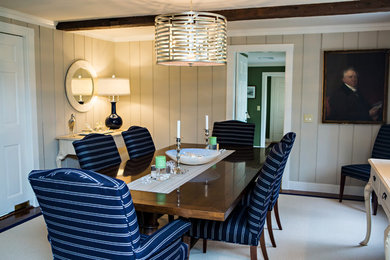 Enclosed dining room - large coastal dark wood floor and brown floor enclosed dining room idea in Boston with beige walls and no fireplace