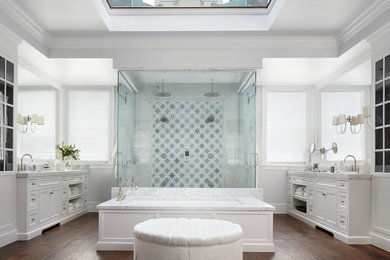 Double shower - large traditional master multicolored tile dark wood floor and brown floor double shower idea in Chicago with white cabinets, an undermount tub, white walls, a hinged shower door and shaker cabinets
