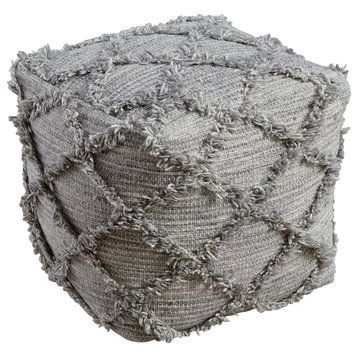 Benzara BM238353 16 Inches Woolen Pouf With Hand Woven Diamond Fringe, Gray