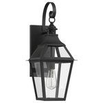 Savoy House - Jackson Black With Gold Highlighted 1-Light Outdoor Sconce, 9x22 - This Savoy House Jackson 1-light outdoor wall lantern is the perfect way to easily boost your home’s curb appeal. It is crafted in a classic, timeless style with boldly angled curves, eye-catching pierced metal detail and a dramatic shepherd’s hook. Panes of clear glass ensure a bright, beautiful glow and a generously sized backplate will help to cover any holes left from replacing previous fixtures. Jackson is finished in black with gold highlights to go well with anything and add a touch of glamour. Use this lantern beside your front and side doors or above your garage door. This fixture is 9" wide and 22.38" tall. It extends 9.88" from the wall. Uses a standard size bulb of up to 60 watts (not included).