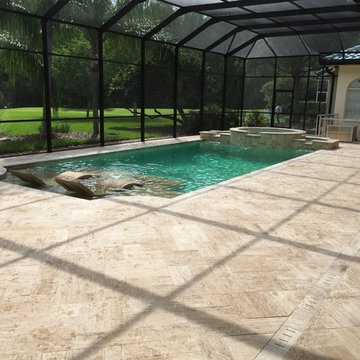 Complete Renovation adding a spa and Sunshelf,kitchen,vein cut Ivory Travertine