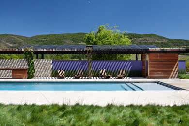 Стильный дизайн: прямоугольный ландшафтный бассейн с покрытием из бетонных плит - последний тренд