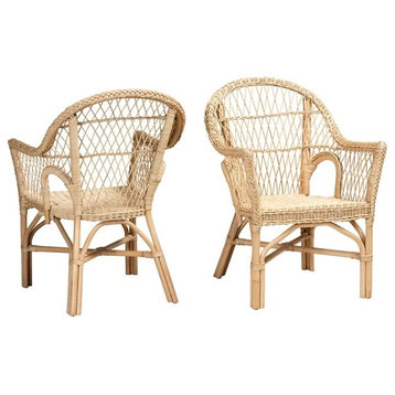 Set of 2 Bohemian Accent Chair, Rattan Construction With Rounded Back, Natural