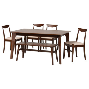 Delphina Cream Fabric and Dark Brown Finished Wood 6-Piece Dining Set