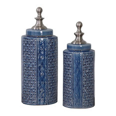 Ornate Embossed Sapphire Blue Ceramic Decorative Urns 2-Piece Set