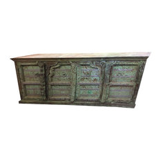 Consigned Antique Carved Huge Vanity Chest Old World Green Sideboard Buffet