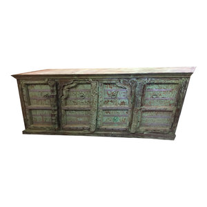 Mogul Interior - Consigned Antique Carved Huge Vanity Chest Old World Green Sideboard Buffet - Buffets And Sideboards
