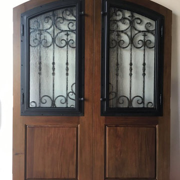 Round Top Iron Grille Operational Wood Artistic Double Door