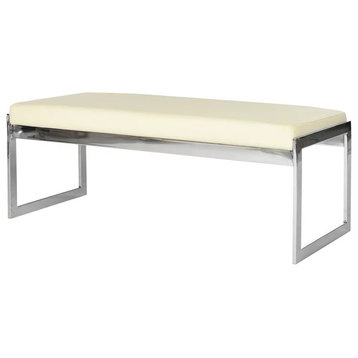 Contemporary Accent Bench, Chrome Metal Frame & Padded Faux Leather Seat, Cream