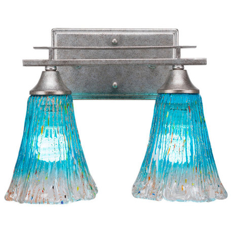 Uptowne 2-Light Bath Bar, Aged Silver/Fluted Teal Crystal