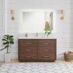 Vinnova Inc - Porto Bath Vanity with White Quartz Stone Top, Dark Brown Oak, 55 in., With Mirror - Transform your bathroom into a haven of style and sophistication with our Porto Series Freestanding Bathroom Vanity a piece that embodies fine craftsmanship and everyday practicality. This exquisite vanity combines the textured warmth and elegance of solid oak with pristine white quartz, resulting in a look that's both inviting and visually captivating. Deep dovetail drawers with partitions allow you to keep your essentials concealed and organized.