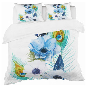 Handpainted Anemones and Peacock Feathers Floral Duvet Cover, King