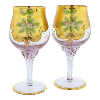 Set of Two Murano Glass Wine Glasses 24K Gold Leaf - Golden Brown