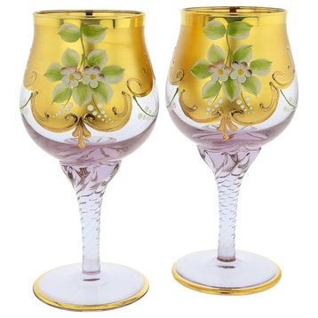 GlassOfVenice Set of Two Murano Glass Wine Glasses 24K Gold Leaf - Lavender