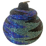 Bindah - Manggis Handwoven Art Glass Basket, Ocean Zigzag - Hand-sewn crystal-cut glass beads adorn this small hand-woven rattan manggis basket. The crystal-cut silver glass beads catch the light in any spot throughout your house.