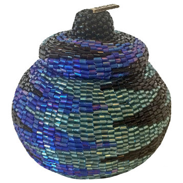 Manggis Handwoven Art Glass Basket, Ocean Zigzag