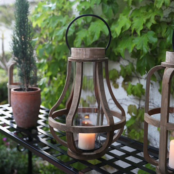 Wood Round Bellied Lantern With Metal Handle