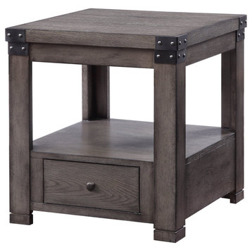 Rustic Industrial End Table, Square Top With Spacious Top & Drawer, Ash Gray