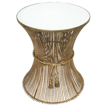 Luxe Swag and Tassel Gold Iron Accent Table Twisted Rope Round Mirror Top Drum