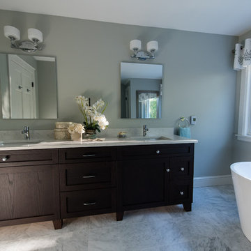 Bath makeover custom oak vanity and soaking tub