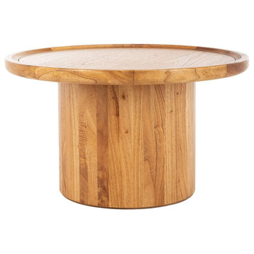 Transitional Coffee Table, Pedestal Base & Round Top With Raised Edge, Natural