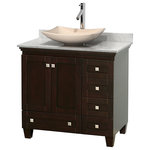 Wyndham Collection - Acclaim Espresso Vanity, 36", Arista Ivory Marble, White Carrera Marble - Sublimely linking traditional and modern design aesthetics, and part of the exclusive Wyndham Collection Designer Series by Christopher Grubb, the Acclaim Vanity is at home in almost every bathroom decor. This solid oak vanity blends the simple lines of traditional design with modern elements like beautiful overmount sinks and brushed chrome hardware, resulting in a timeless piece of bathroom furniture. The Acclaim is available with a White Carrara or Ivory marble counter, a choice of sinks, and matching Mrrs. Featuring soft close door hinges and drawer glides, you'll never hear a noisy door again! Meticulously finished with brushed chrome hardware, the attention to detail on this beautiful vanity is second to none and is sure to be envy of your friends and neighbors