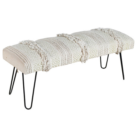 Natural and Gold Tufted Geometric Indoor Bench, 47" Length