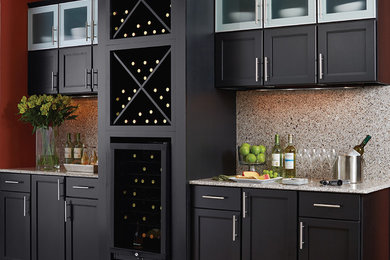 Inspiration for a mid-sized contemporary single-wall wet bar remodel in Orange County with no sink, shaker cabinets, black cabinets, granite countertops, multicolored backsplash and stone slab backsplash