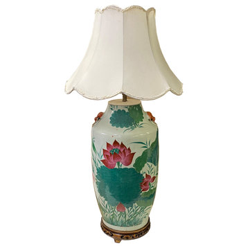 Chinese White Pink Lotus Flower Porcelain Round Base Table Lamp Hws3148