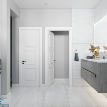 Master bathroom gray modern backlit mirror