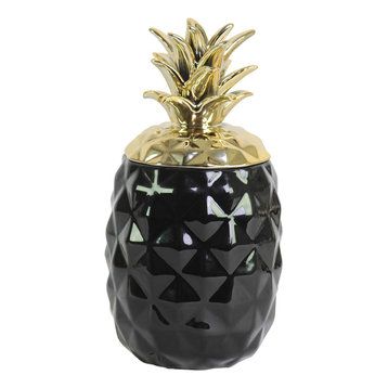 Urban Trends Collection Ceramic Pineapple Canister W/Gold Lid Gloss Finish, Blac
