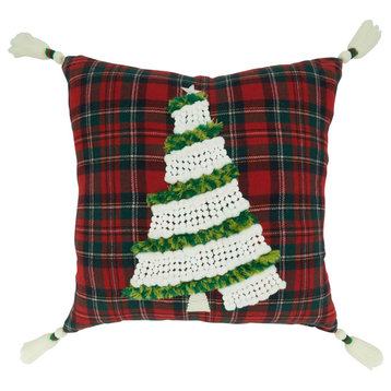 Plaid Throw Pillow With Christmas Tree Design, Red, 18"x18", Poly Filled
