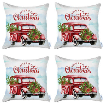 Set of 4 Merry Christmas Vintage Red Car Thow Pillow Covers
