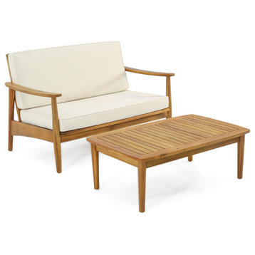 Wells Outdoor Acacia Wood Loveseat Set With Coffee Table, Teak Finish/Beige
