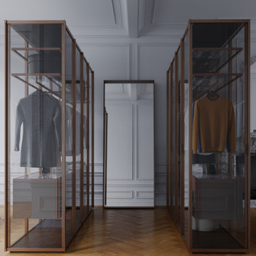 Formal walk-in closet with glass freestanding cabinets