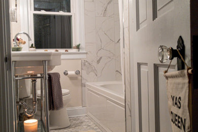 Example of a transitional 3/4 bathroom design in Other with open cabinets and a freestanding vanity