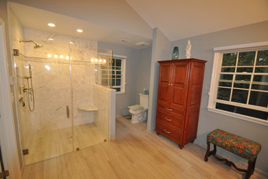 Inspiration for a large transitional master vinyl floor walk-in shower remodel in Baltimore with raised-panel cabinets, medium tone wood cabinets, a two-piece toilet and blue walls