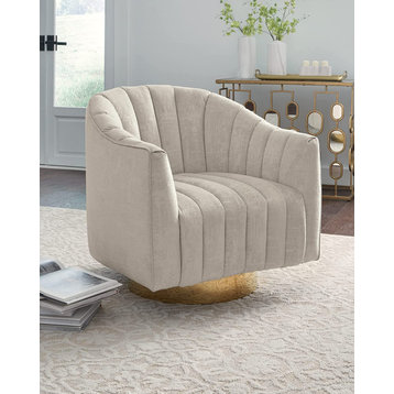 Swivel Accent Chair, Brass Metal Base With Channel Tufted Upholstered, Beige