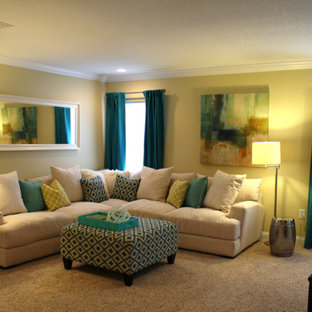 Home theater - mid-sized transitional carpeted home theater idea in Tampa