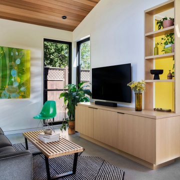 Contemporary ADU Living Room with Vaulted Ceilings and Pass-Through Shelving